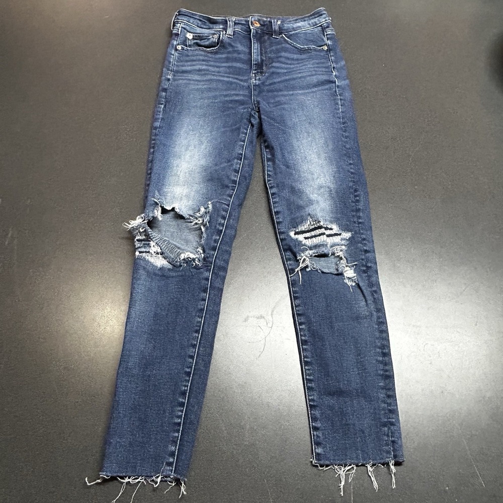 American Eagle Women's Jeans Size 4 Long Blue Stretch Distressed High Rise